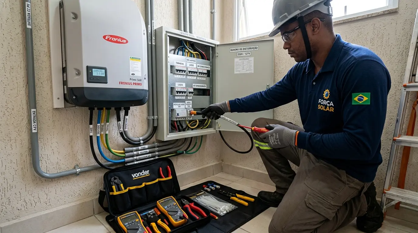Eletricista realizando conexões do inversor solar ao quadro de distribuição em residência de Florianópolis