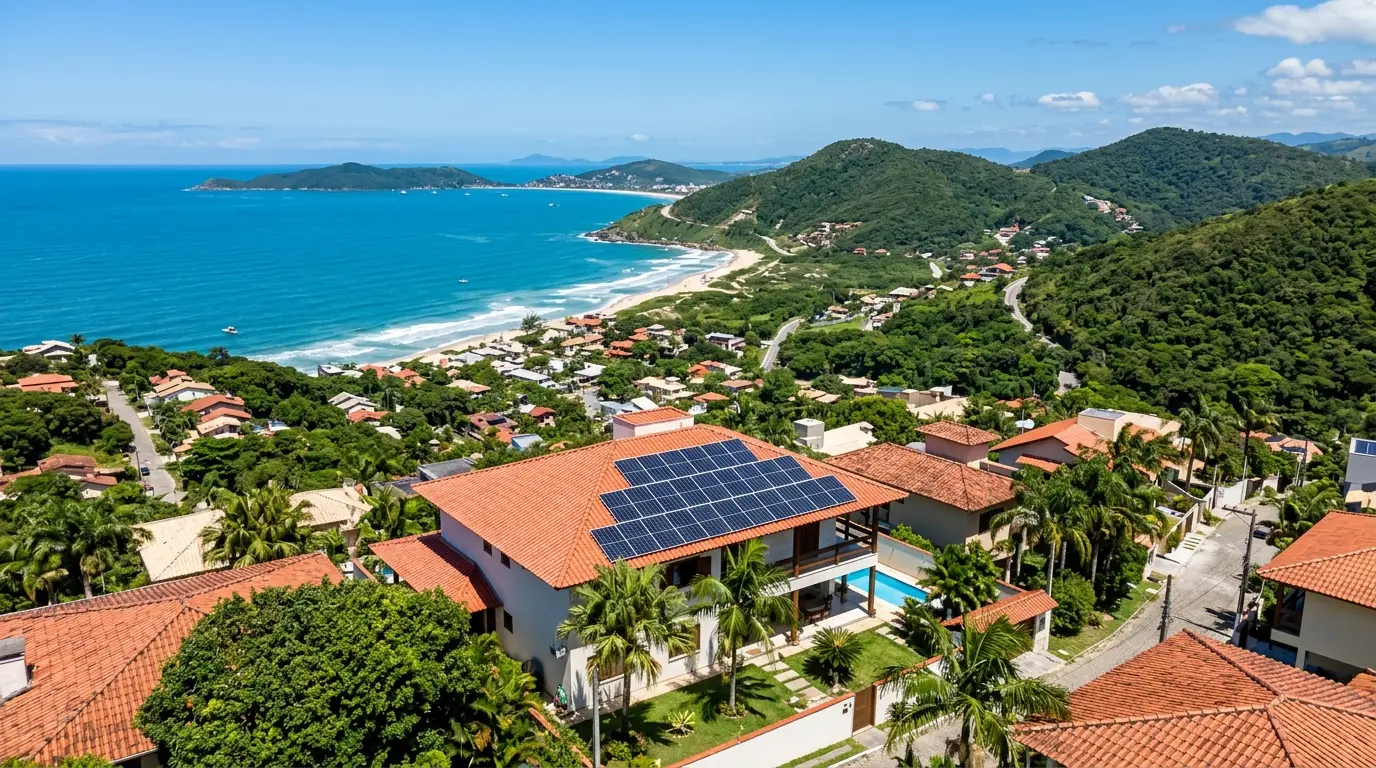 Painéis solares fotovoltaicos instalados em telhado de casa em Florianópolis com vista para o mar
