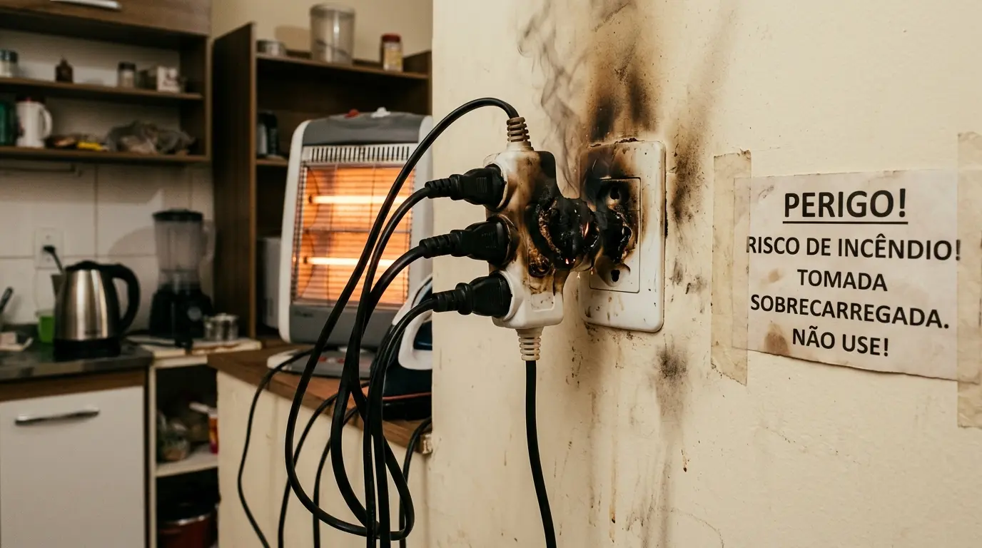 Benjamim elétrico sobrecarregado com vários equipamentos conectados — risco de incêndio elétrico