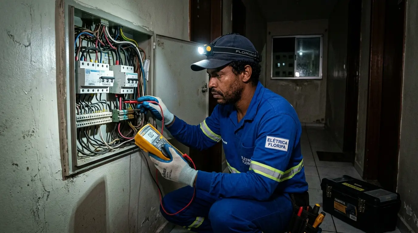 Eletricista verificando circuitos em quadro de luz durante diagnóstico de falta de energia em imóvel em Florianópolis