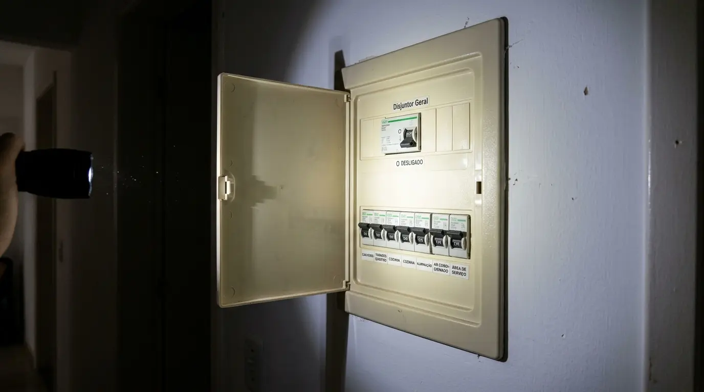 Quadro elétrico de apartamento em Florianópolis com disjuntor geral desarmado durante falta de energia