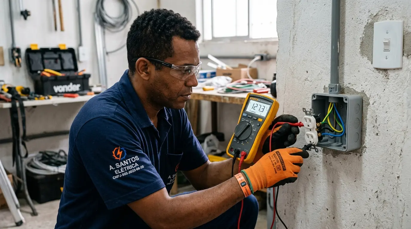 Eletricista identificando cores dos fios elétricos em caixa de passagem em Florianópolis