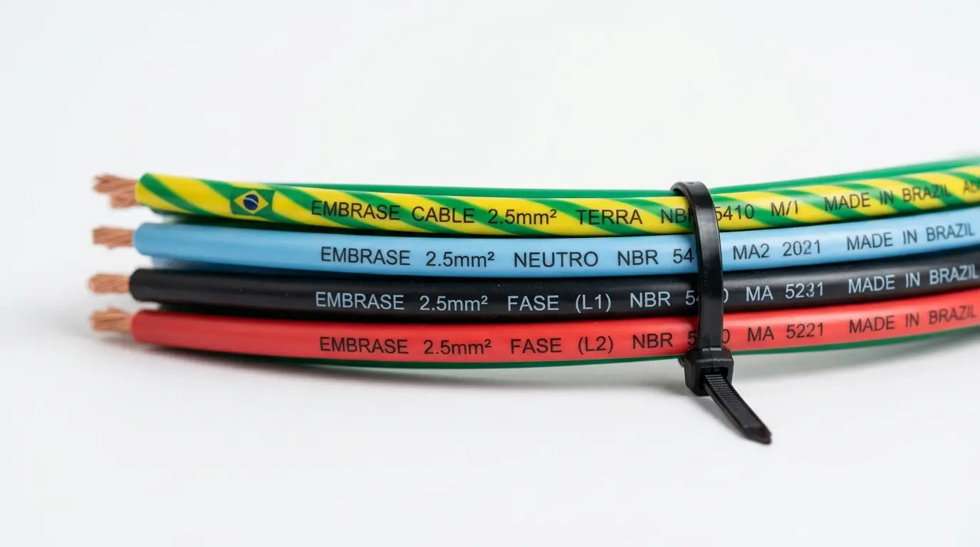 Fios elétricos coloridos padrão NBR 5410: verde-amarelo (terra), azul (neutro) e preto/vermelho (fase)