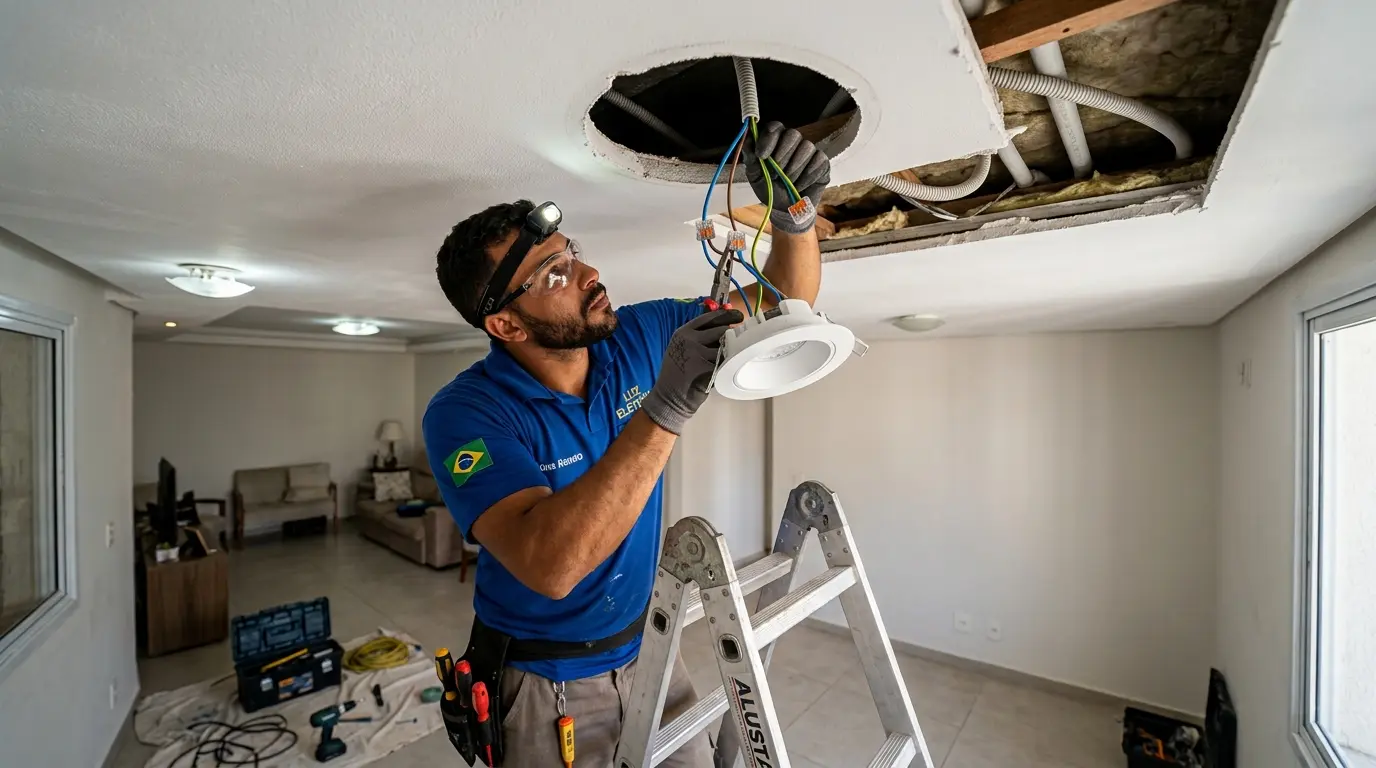 Eletricista instalando spot embutido LED em forro de gesso em apartamento de Florianópolis