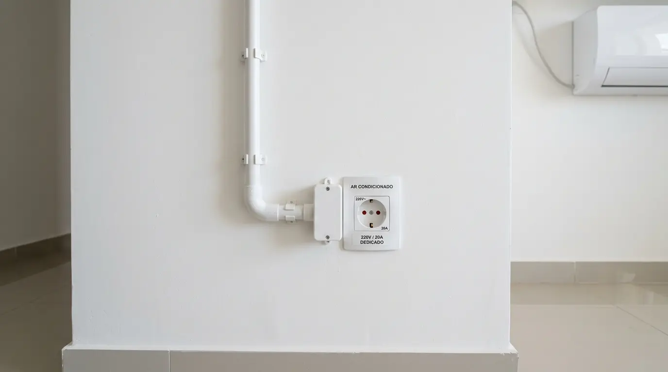 Tomada e ponto elétrico dedicado 220V para ar-condicionado instalados com acabamento em apartamento em Florianópolis
