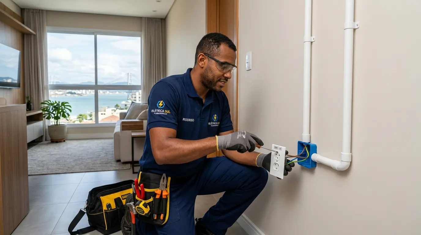 Eletricista instalando tomada e circuito dedicado de 220V para ar-condicionado em apartamento em Florianópolis