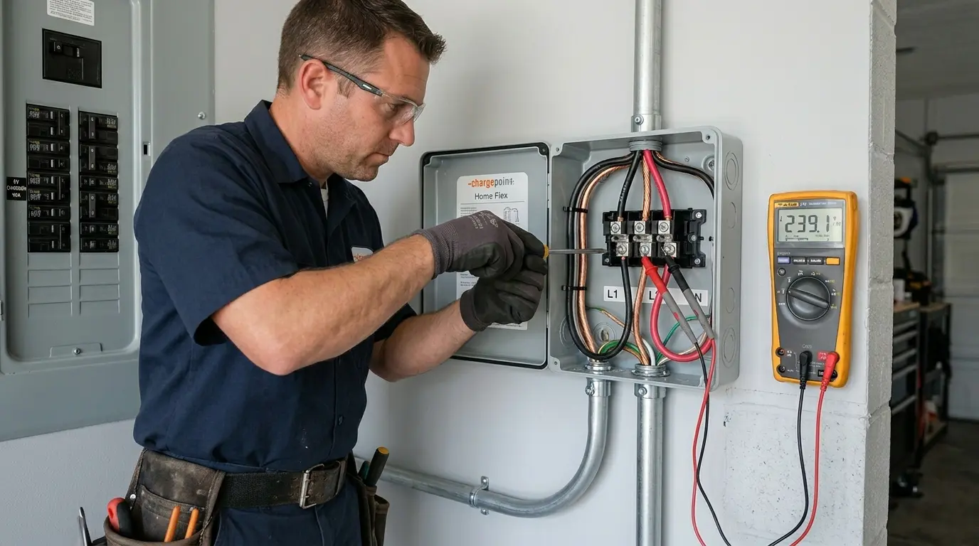 Técnico elétrico configurando circuito dedicado 220V para wallbox em Florianópolis