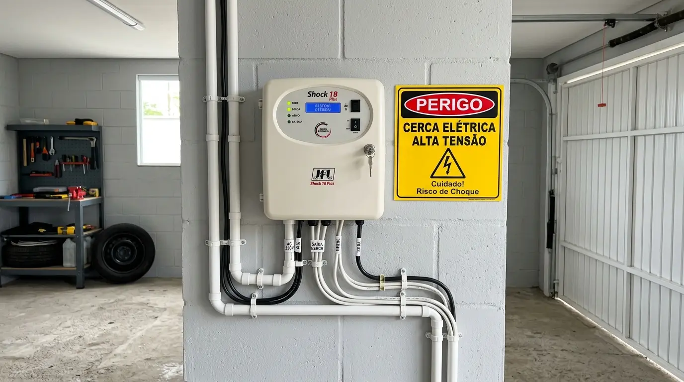 Central eletrônica de cerca elétrica instalada em parede de garagem com fiação organizada e sinalização de aviso visível