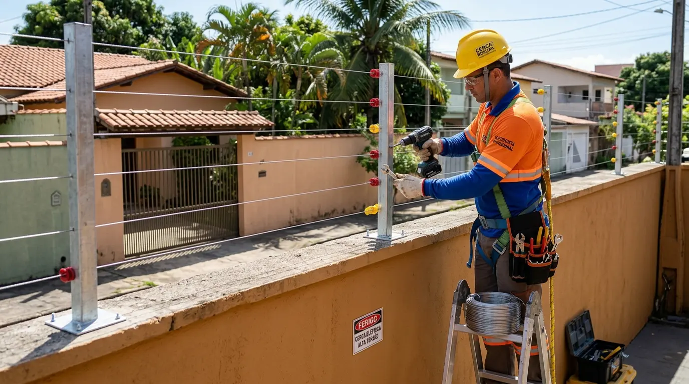 Eletricista instalando fios de cerca elétrica em suportes galvanizados no topo de muro residencial em Florianópolis