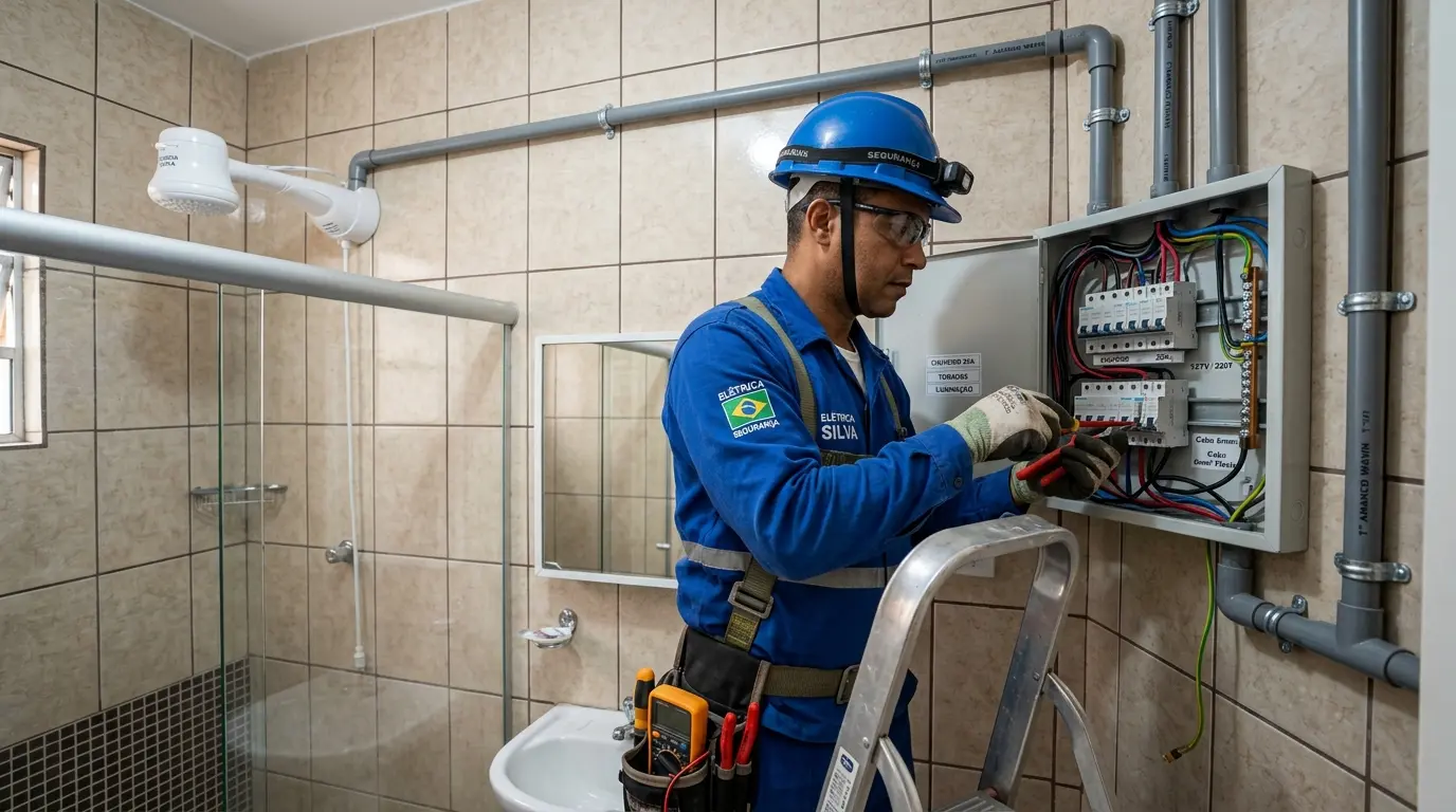 Eletricista instalando fiação e disjuntor para circuito dedicado de chuveiro elétrico em banheiro residencial em Florianópolis
