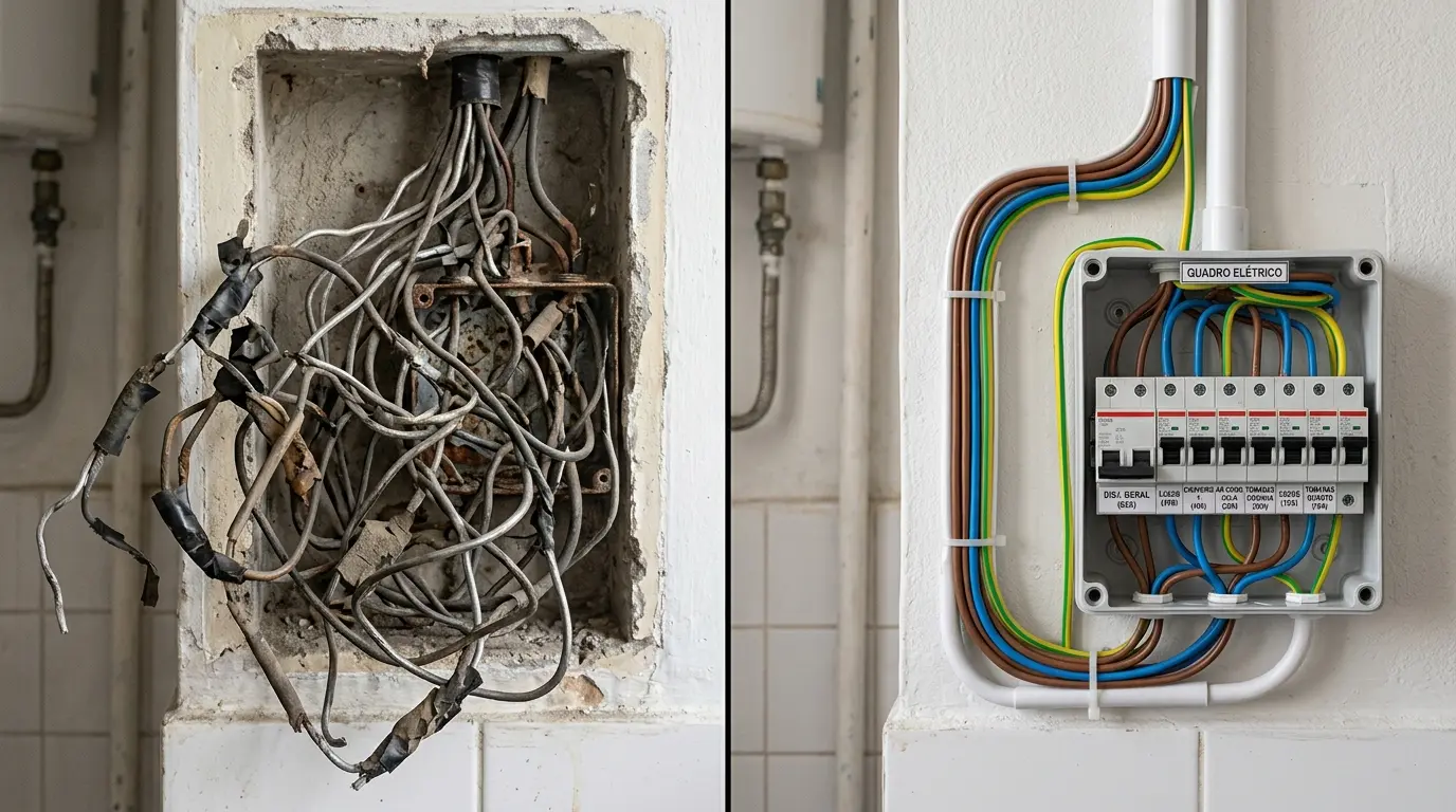 Comparação entre fiação elétrica antiga deteriorada à esquerda e instalação nova com fios de cobre organizados à direita em apartamento em Florianópolis