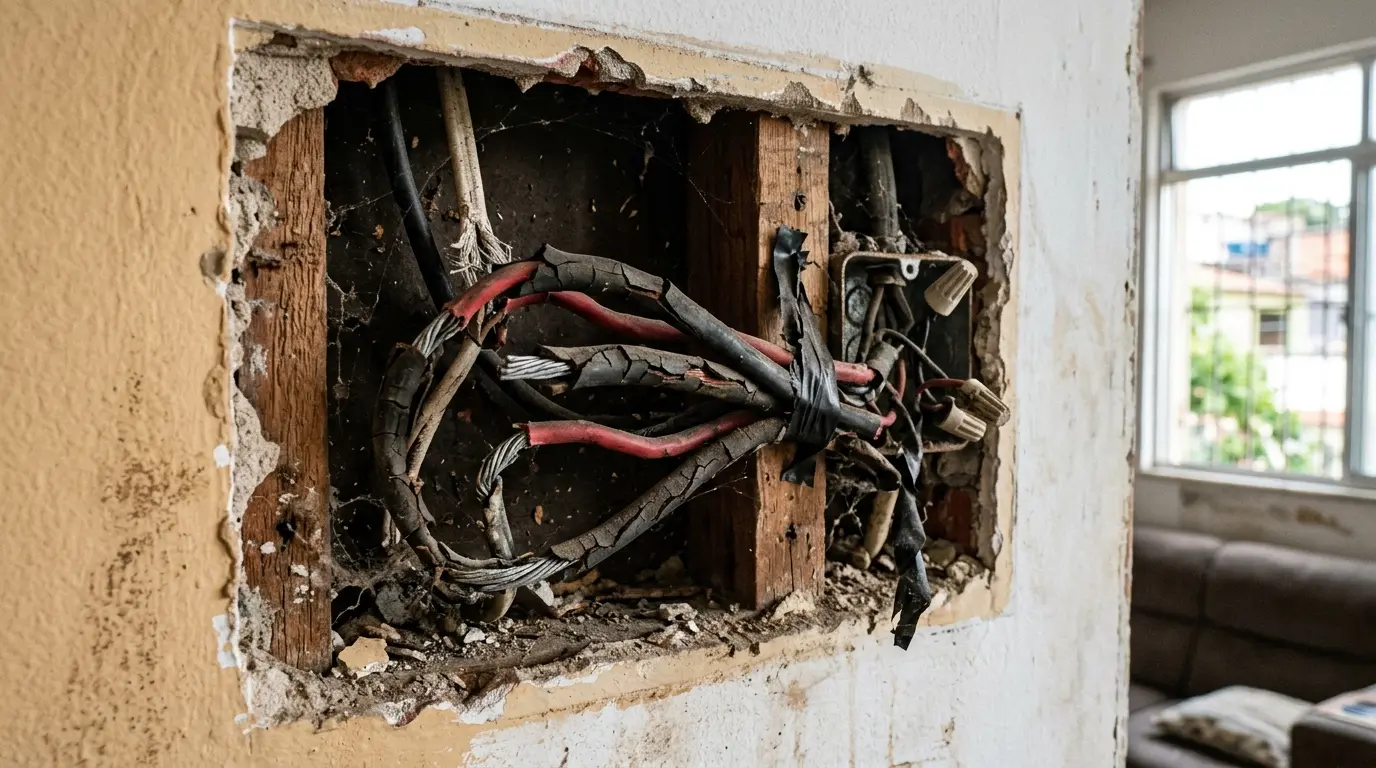 Fiação elétrica antiga com isolamento deteriorado e fios de alumínio expostos em imóvel residencial em Florianópolis