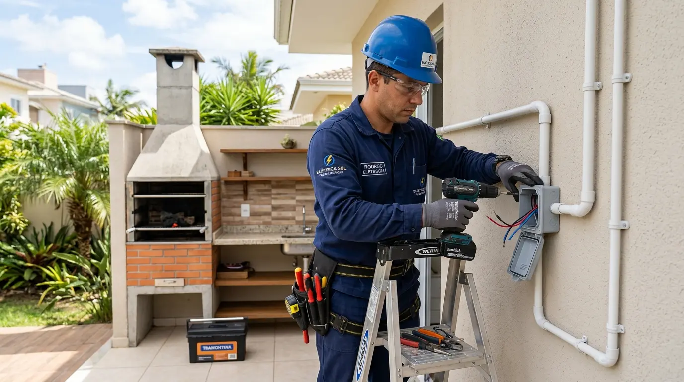 Eletricista instalando tomadas externas IP44 e conduit em área gourmet residencial em Florianópolis com churrasqueira e bancada de alvenaria