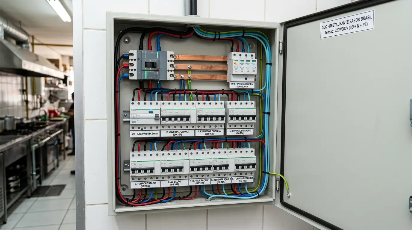 Quadro elétrico trifásico instalado em restaurante de Florianópolis com disjuntores por circuito
