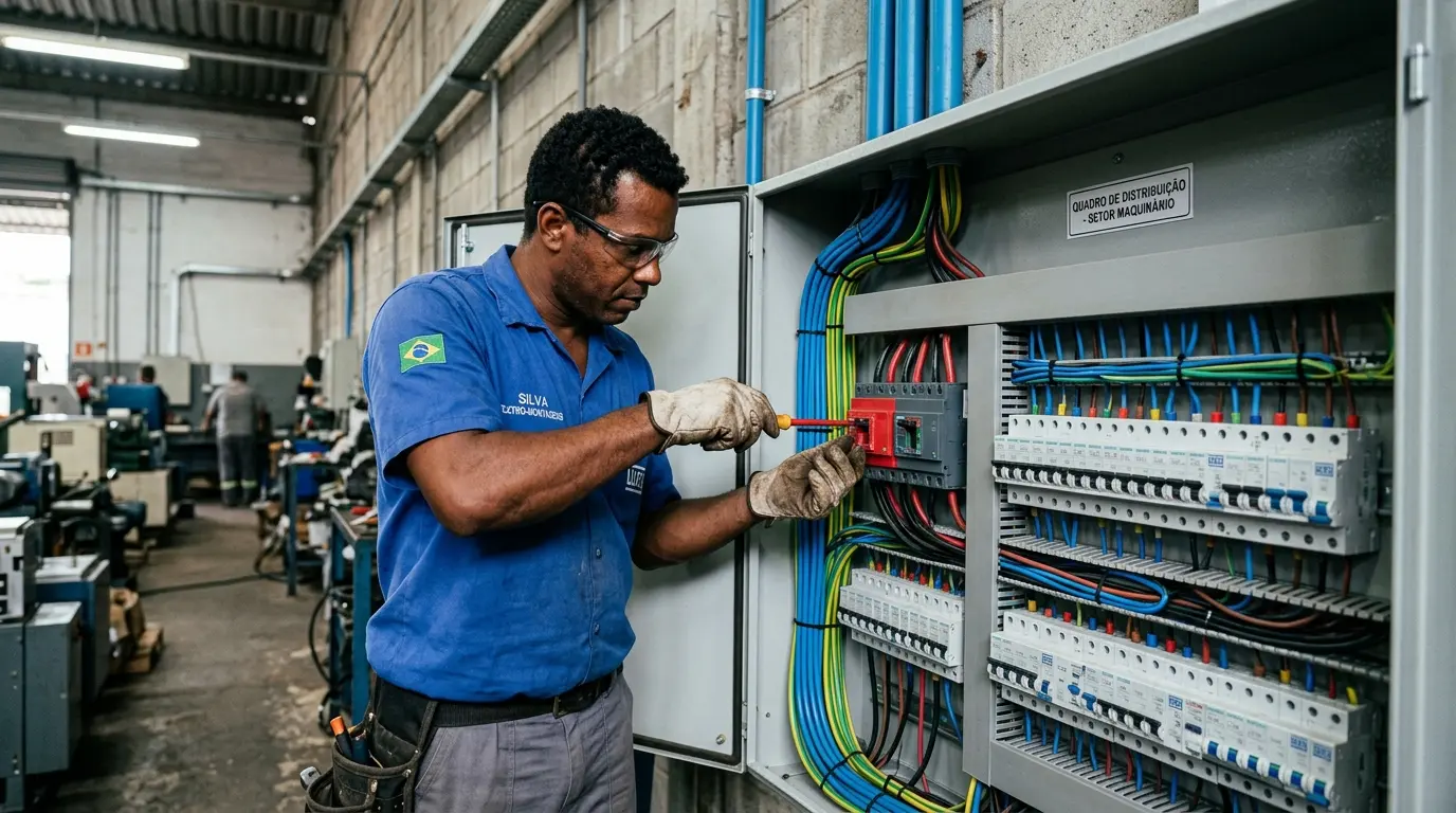 Eletricista instalando quadro de distribuição trifásico em estabelecimento comercial em Florianópolis