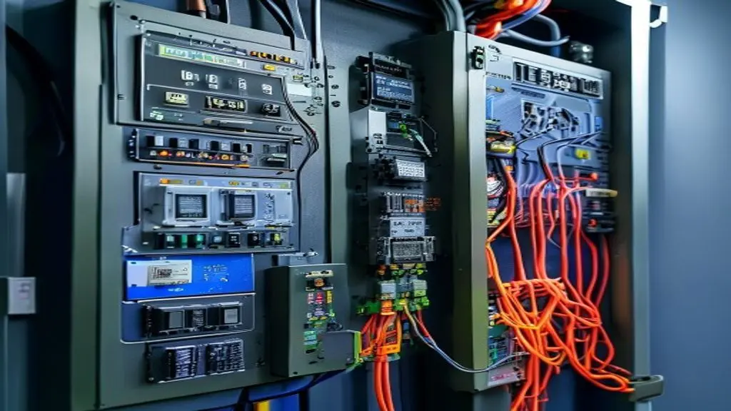 Visão detalhada de quadro elétrico moderno com cabos organizados e disjuntores identificados