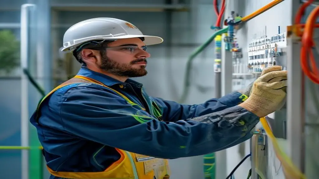 Eletricista profissional instalando painel elétrico moderno em residência com equipamentos de segurança