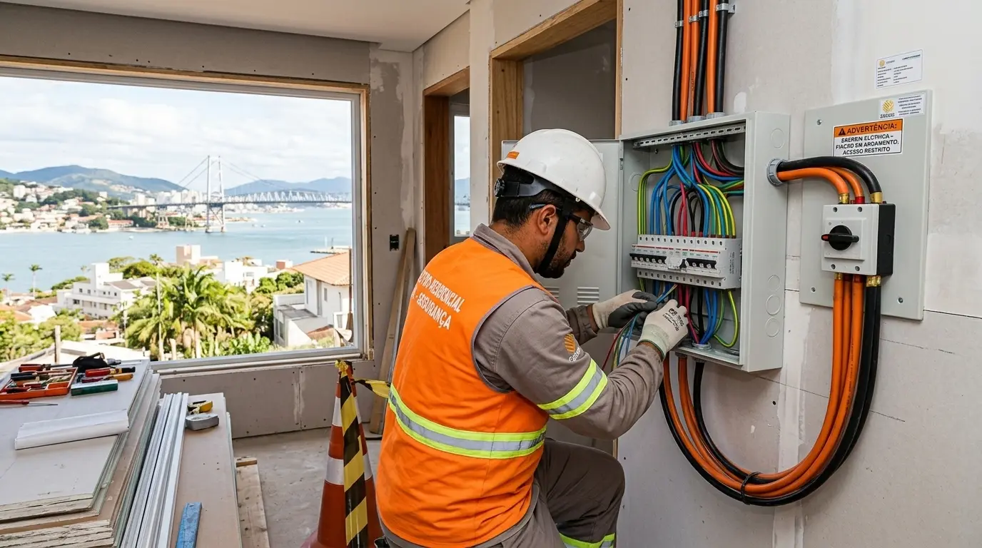 Quadro de distribuição de nova obra em Florianópolis organizado com disjuntores identificados e barramento de cobre