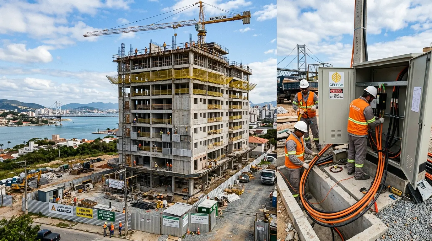 Eletricista instalando eletrodutos e passando fiação em obra residencial em Florianópolis durante fase de construção