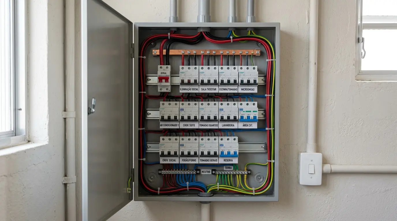 Quadro elétrico residencial recém-instalado com disjuntores identificados e organização de fiação conforme NBR 5410