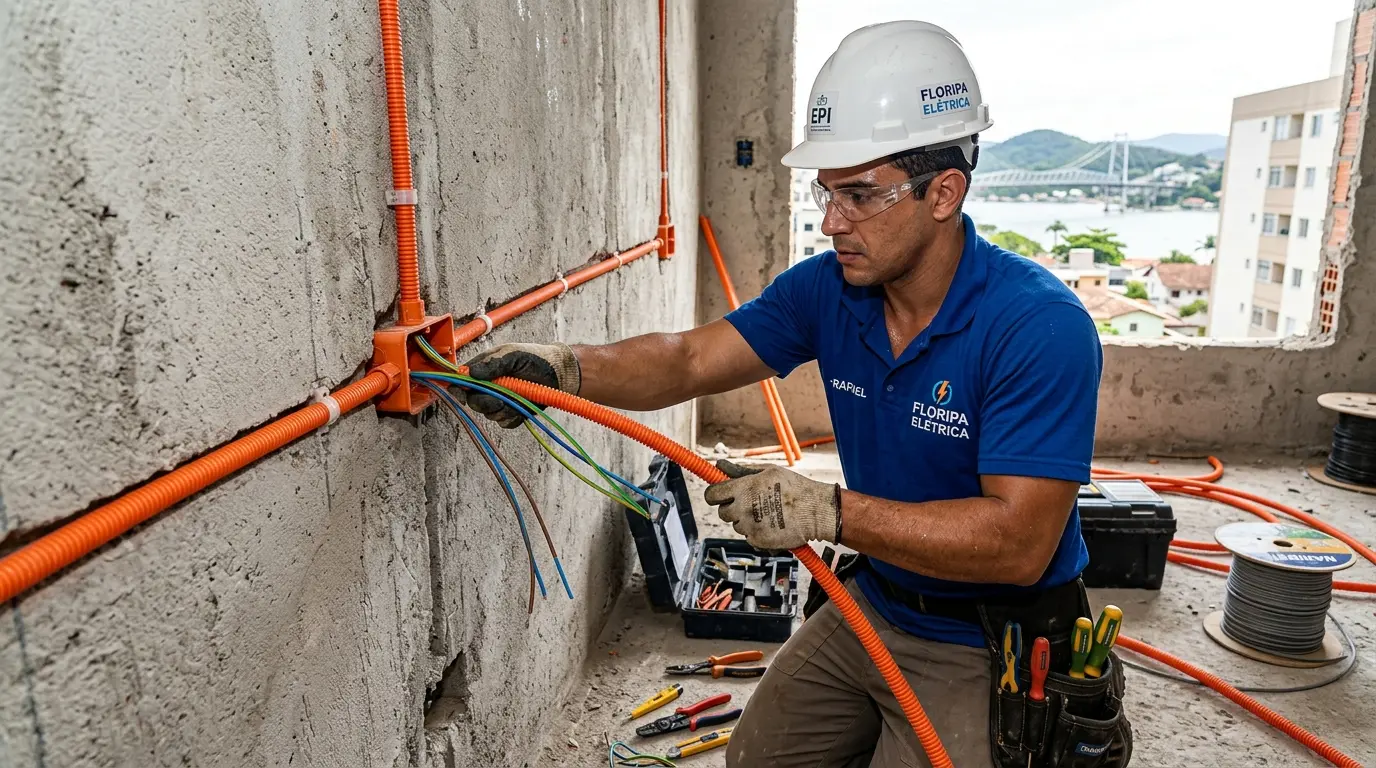 Eletricista instalando fiação em eletroduto durante obra residencial em Florianópolis com equipamentos de segurança