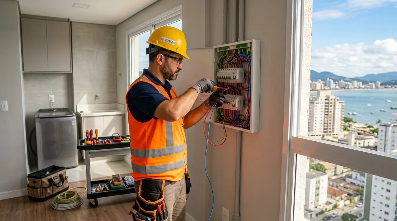 Eletricista realizando instalação elétrica residencial em São José SC com equipamentos de segurança