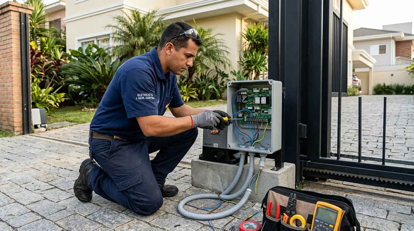 Eletricista passando fiação em eletroduto para instalação de portão automático em Florianópolis