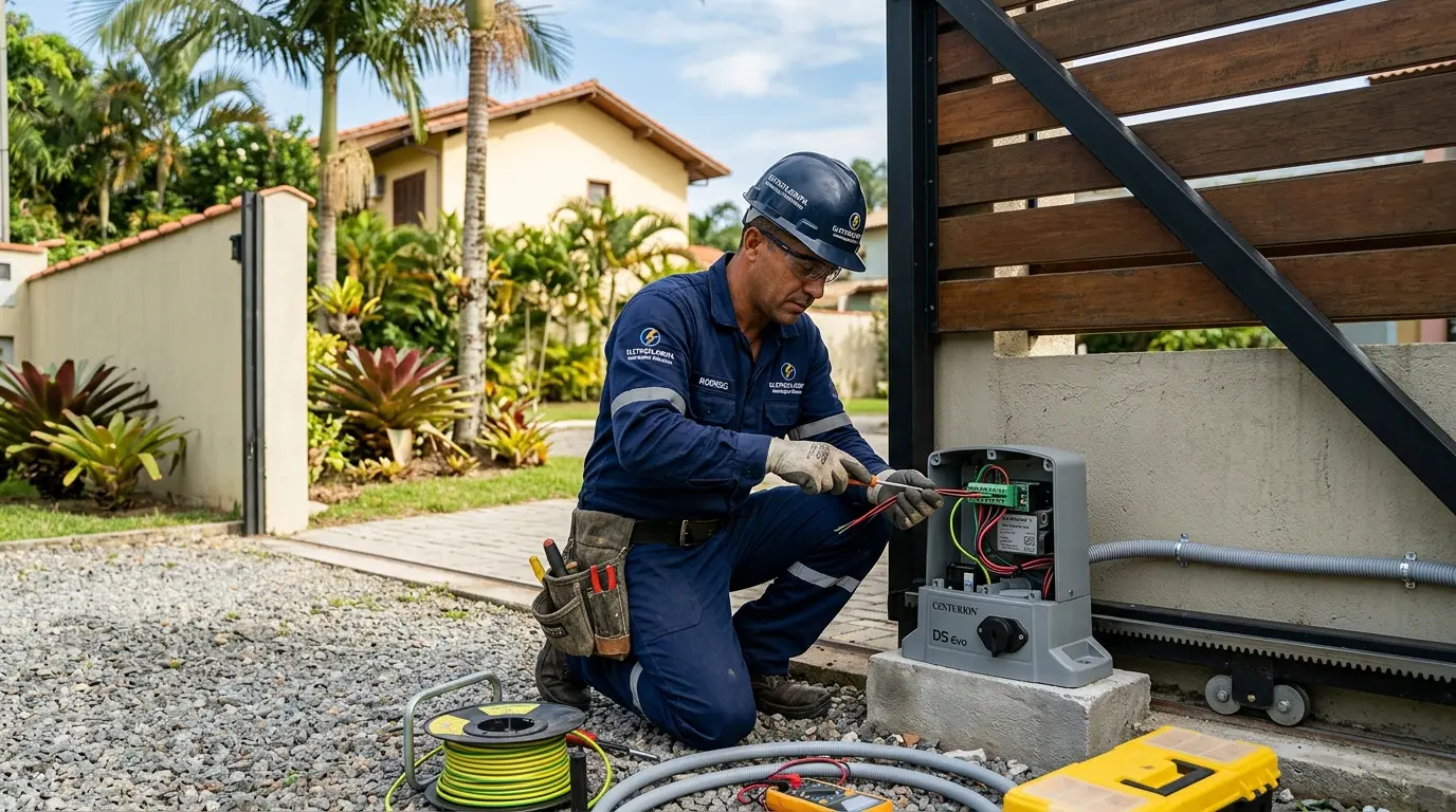 Eletricista instalando circuito elétrico para motor de portão automático em residência em Florianópolis