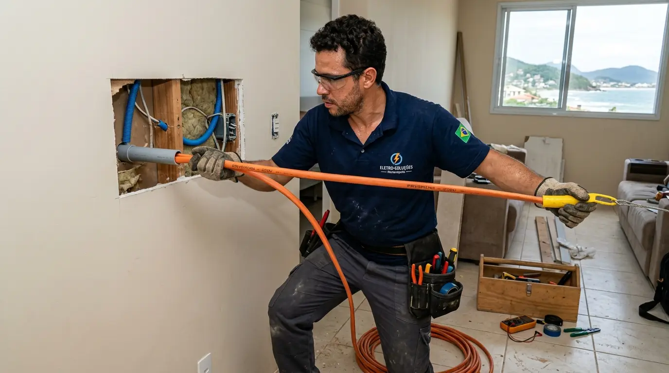 Eletricista passando fiação para instalação de tomada 220V dedicada para ar-condicionado