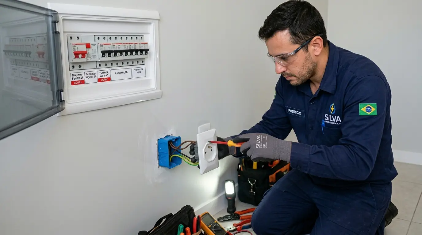 Eletricista instalando tomada 220V com disjuntor bipolar em apartamento em Florianópolis