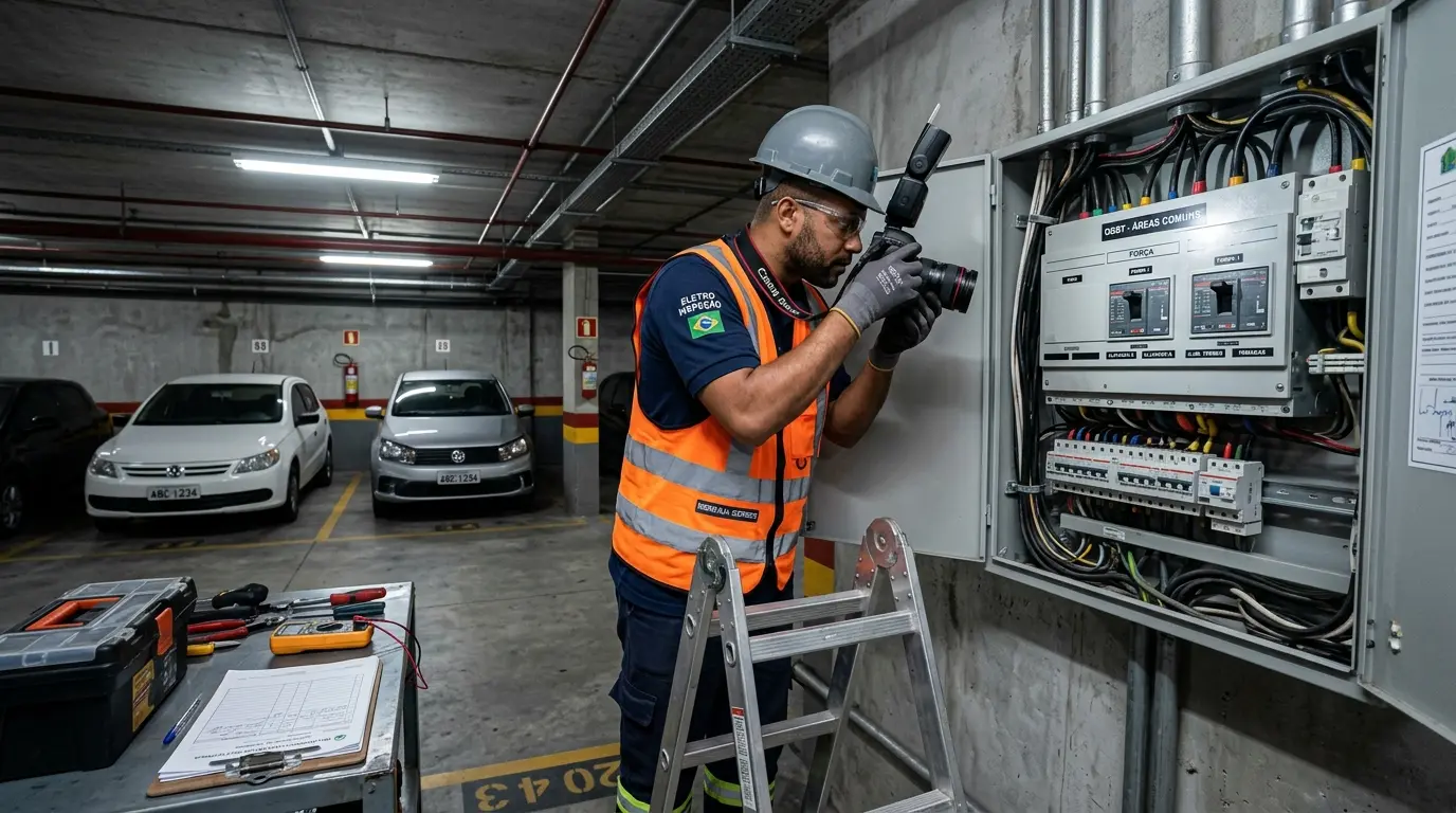 Técnico eletricista emitindo relatório fotográfico de laudo elétrico em área comum de condomínio