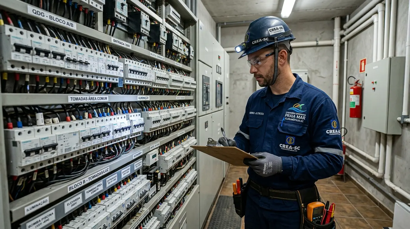 Eletricista inspecionando quadro de distribuição de condomínio para emissão de laudo elétrico em Florianópolis