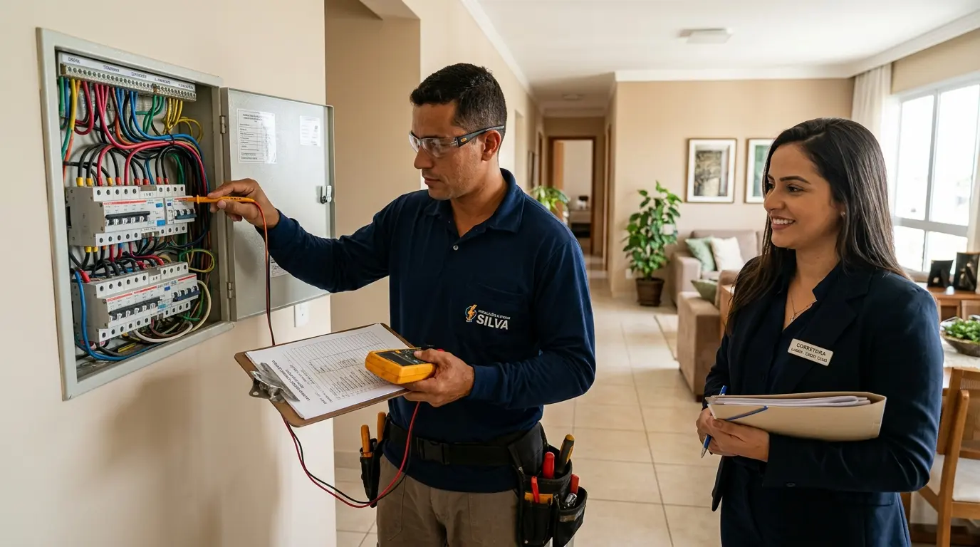 Eletricista técnico realizando vistoria elétrica em imóvel à venda em Florianópolis com formulário de laudo técnico