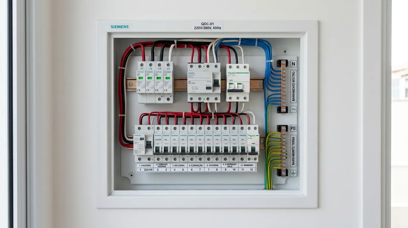 Quadro de distribuição elétrica em Florianópolis com disjuntores organizados e identificados durante inspeção preventiva
