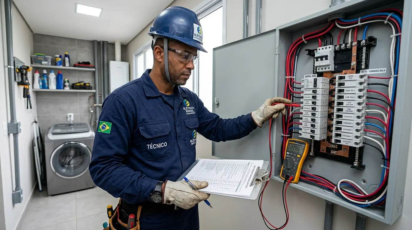 Eletricista realizando manutenção elétrica preventiva em quadro de distribuição de imóvel residencial em Florianópolis com multímetro e checklist