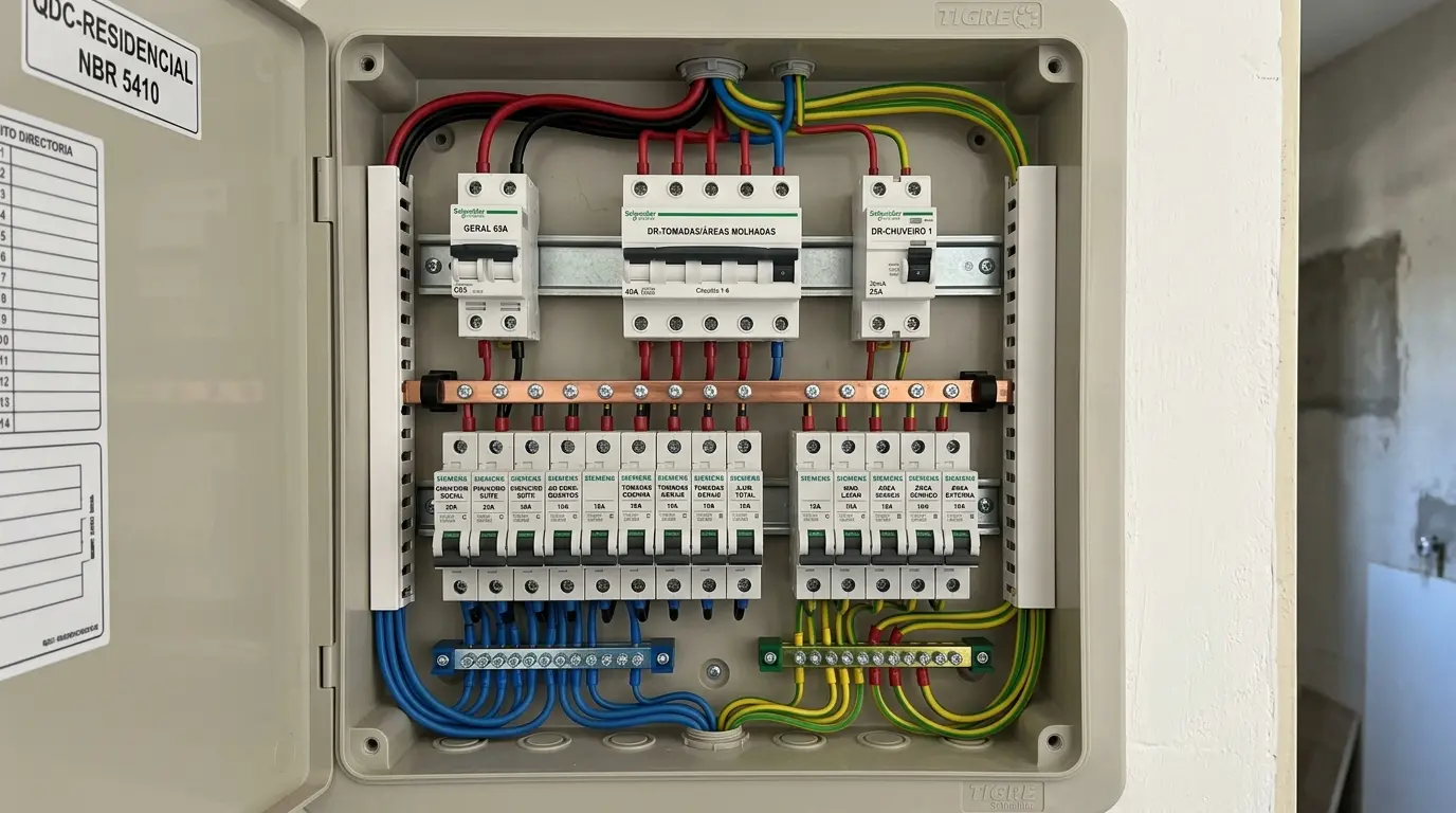 Quadro elétrico residencial organizado e identificado por circuito com disjuntores diferenciais em conformidade com NBR 5410