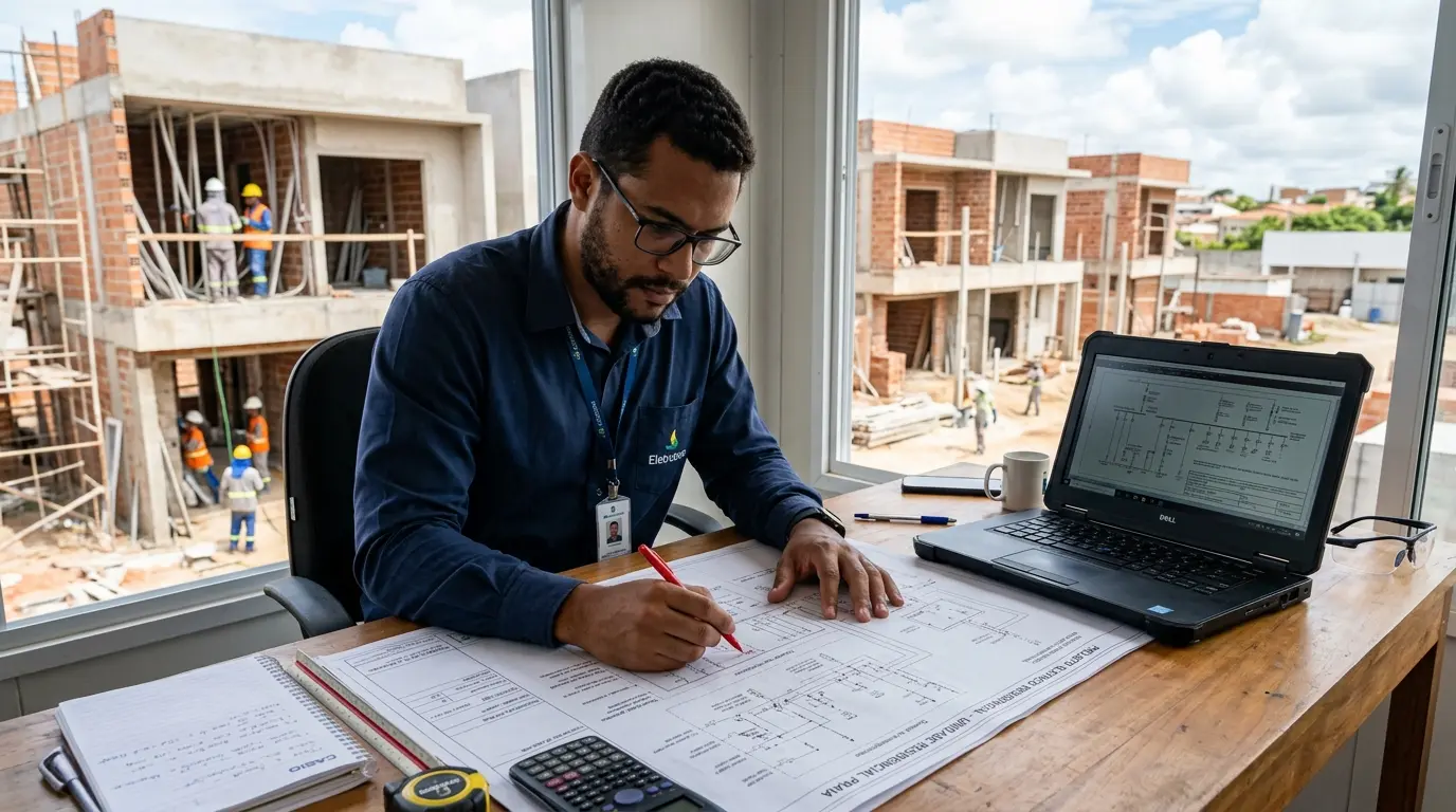 Eletricista analisando projeto elétrico conforme ABNT NBR 5410 em prancheta com instalação residencial em Florianópolis ao fundo