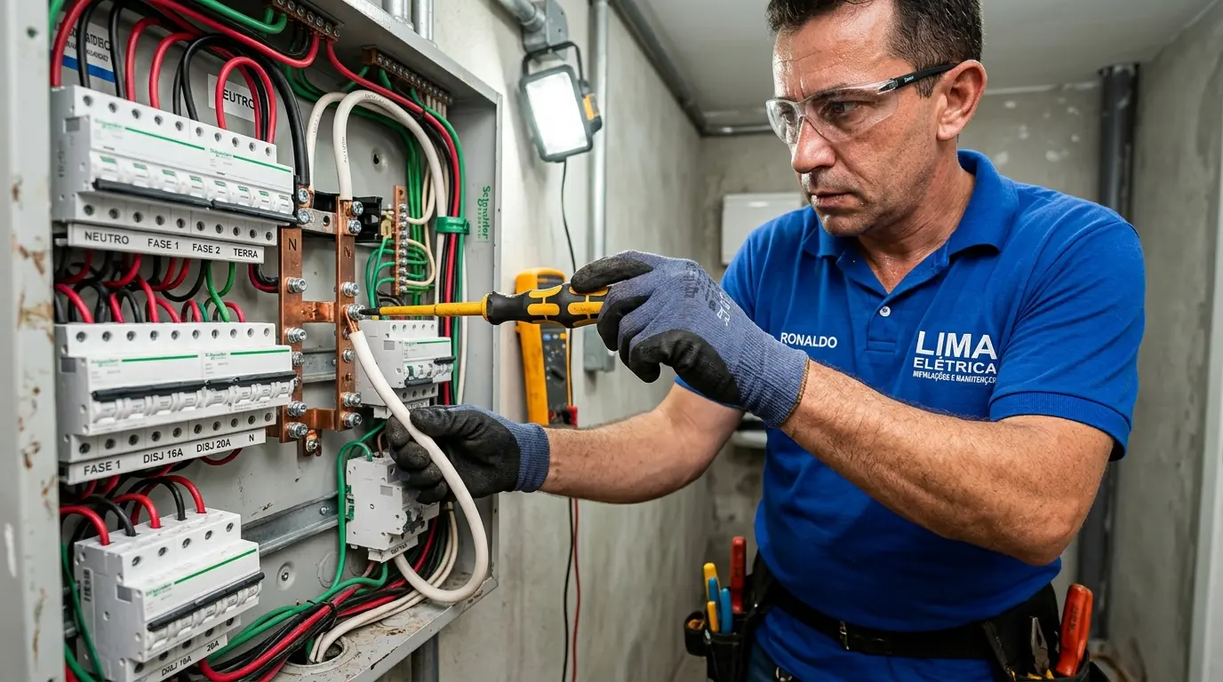 Eletricista verificando conexões no quadro elétrico durante diagnóstico de oscilação de tensão