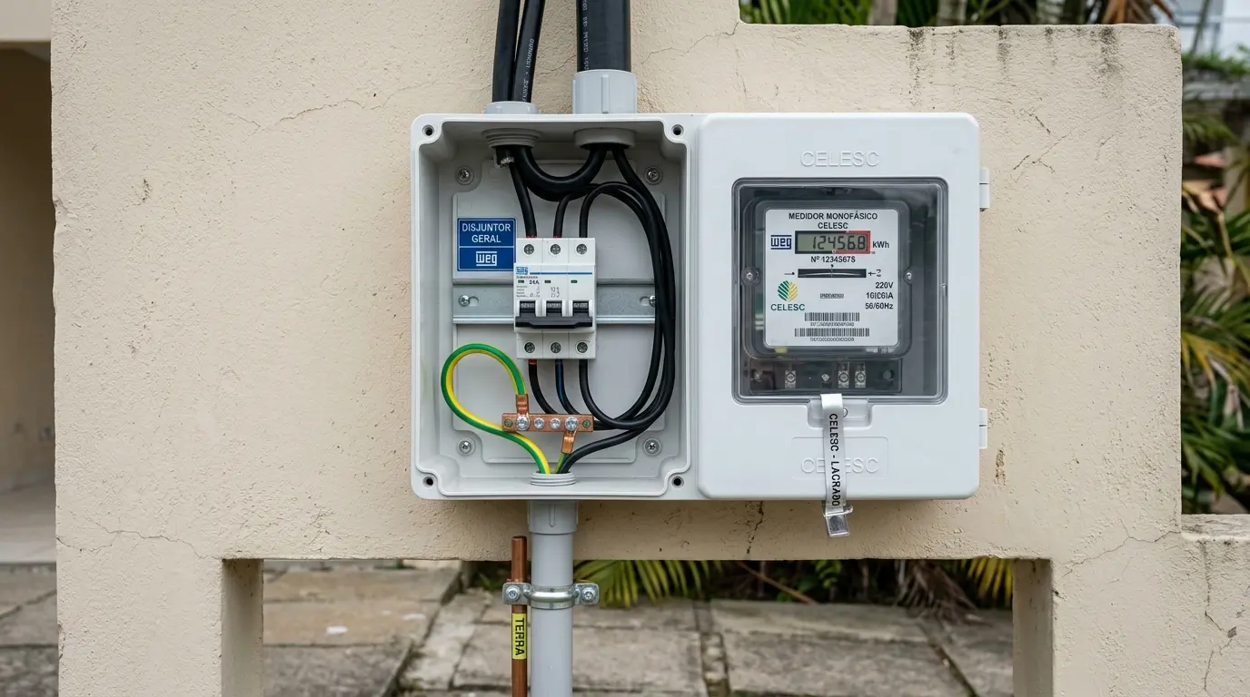 Caixa de medição CELESC aprovada instalada em muro com medidor e disjuntor geral à vista em Florianópolis
