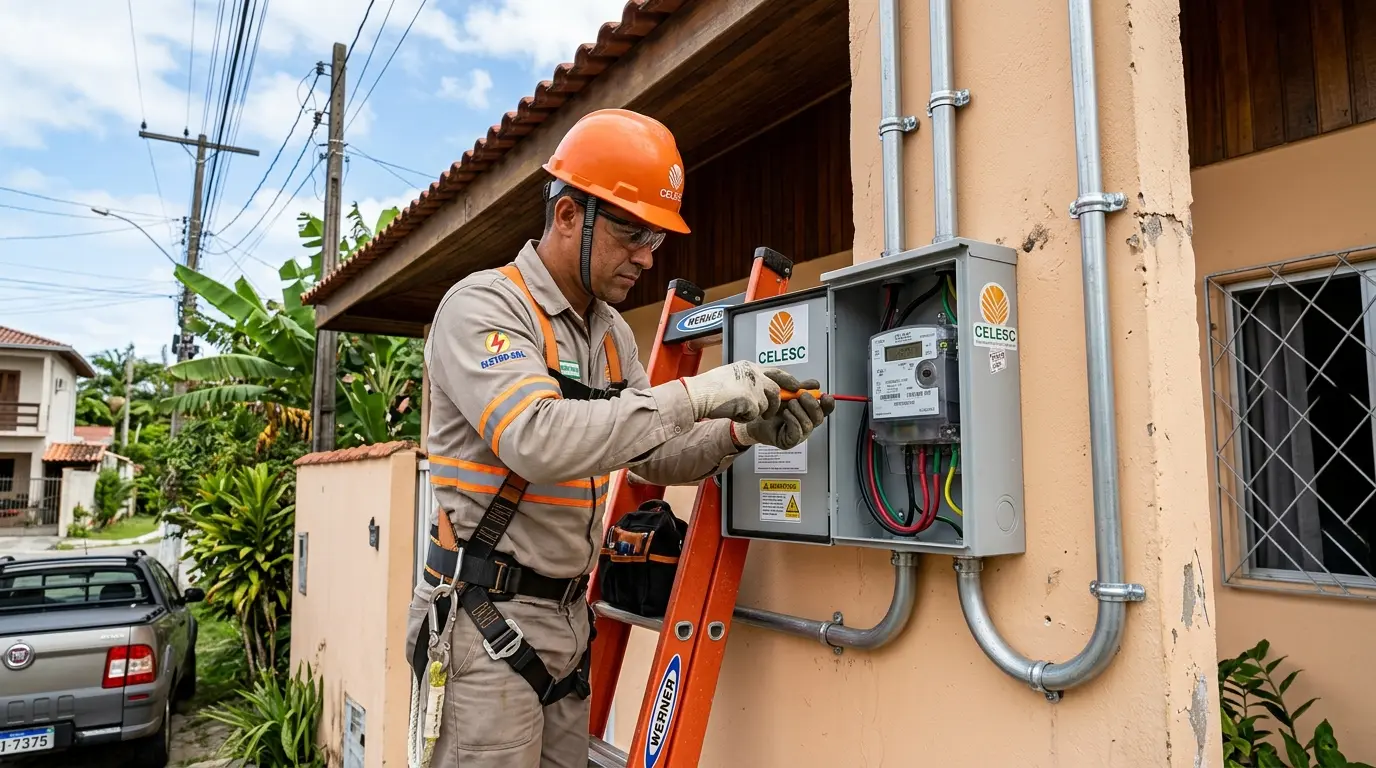 Eletricista instalando caixa de medição padrão CELESC em muro residencial em Florianópolis