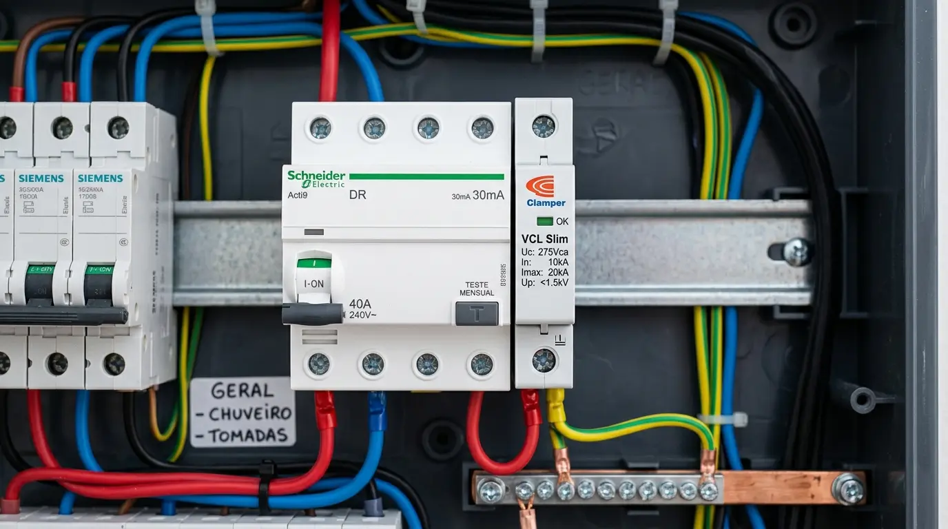 Detalhe do DR e DPS instalados no quadro elétrico de apartamento em Florianópolis