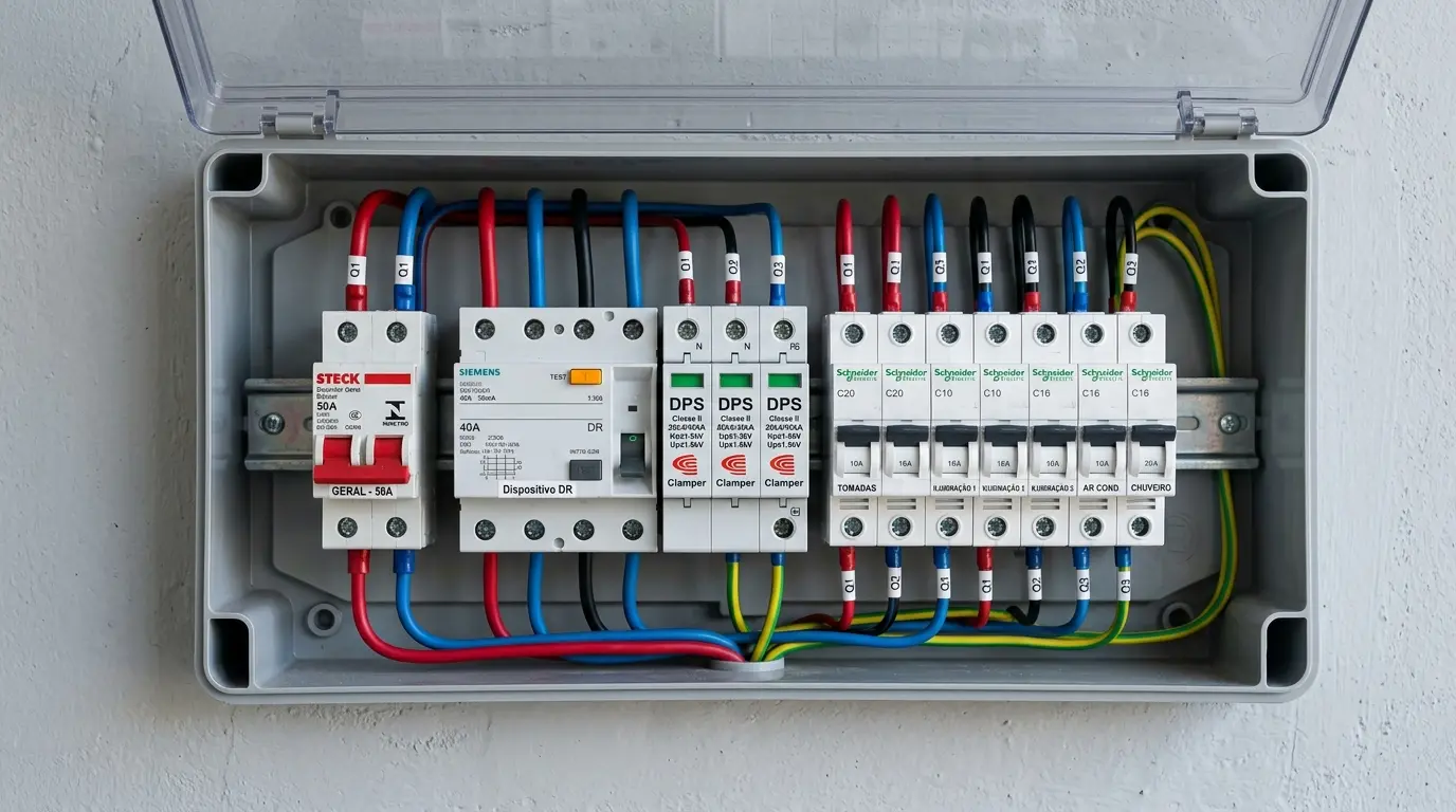 Quadro elétrico residencial em Florianópolis com DR (dispositivo diferencial residual) e DPS instalados