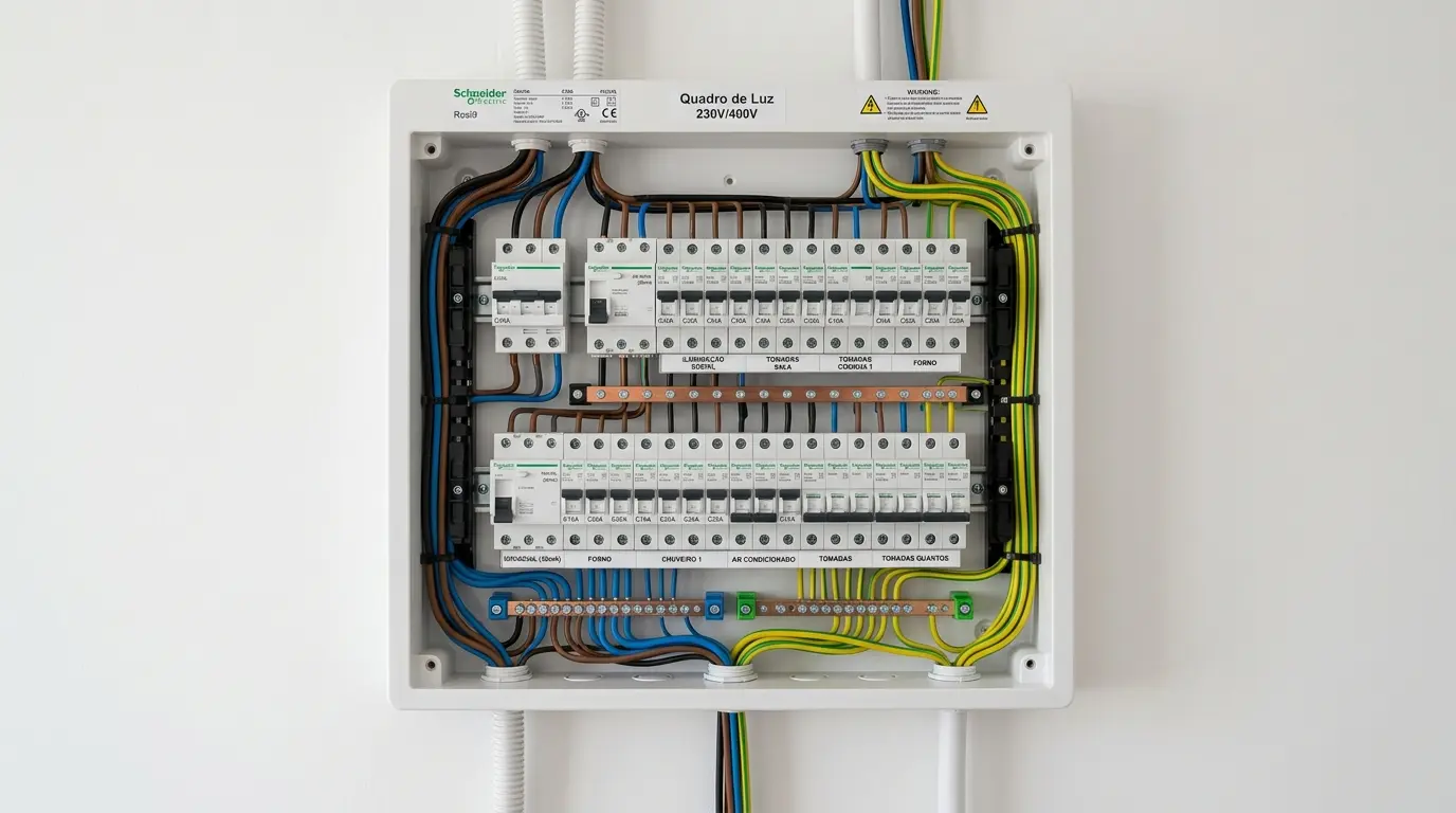 Quadro elétrico residencial recém-instalado com disjuntores identificados por circuito e organização profissional da fiação