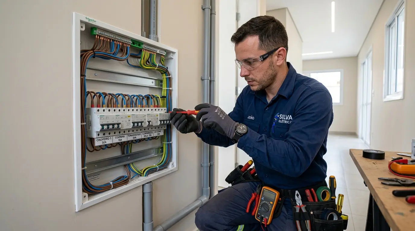 Eletricista instalando quadro de distribuição elétrica moderno com disjuntores organizados em residência de Florianópolis