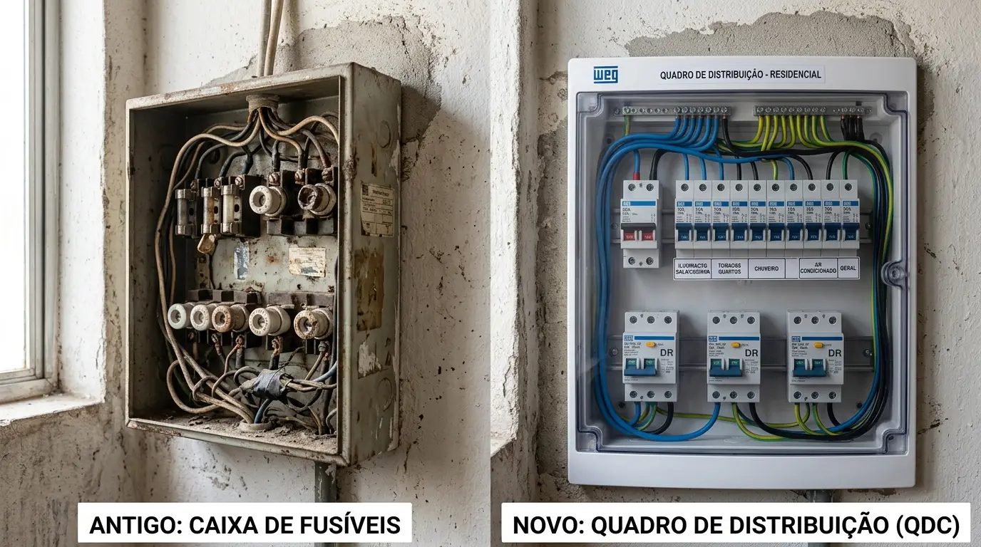 Comparação entre quadro elétrico antigo com fusíveis cerâmica e quadro moderno com disjuntores e DR em imóvel de Florianópolis