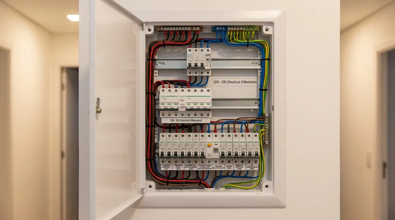 Quadro de disjuntor residencial moderno instalado em apartamento de Florianópolis com circuitos identificados e disjuntores DR