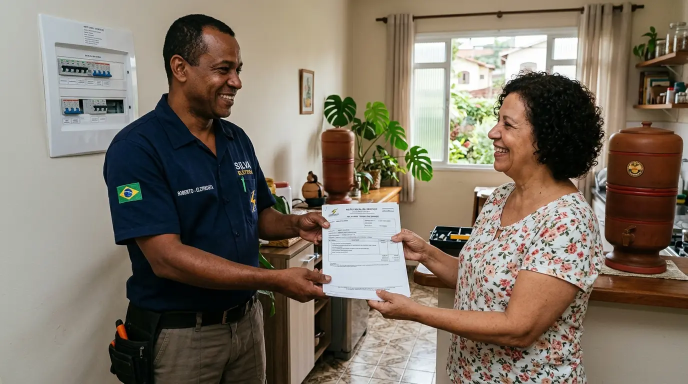 Eletricista mostrando nota fiscal e relatório técnico para cliente após conclusão de serviço elétrico em Florianópolis