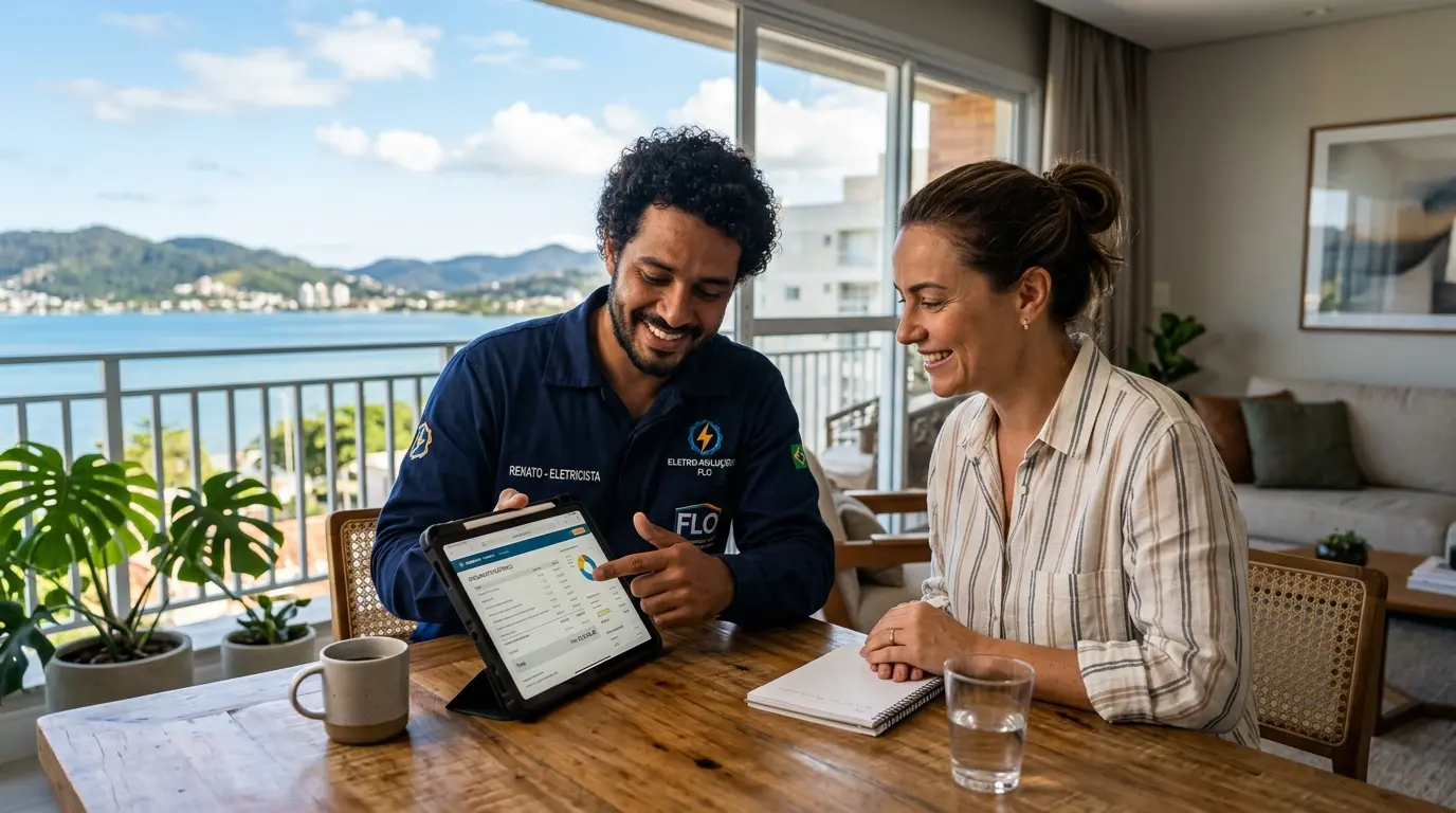 Eletricista em Florianópolis apresentando orçamento em tablet para cliente em residência antes de iniciar serviço elétrico