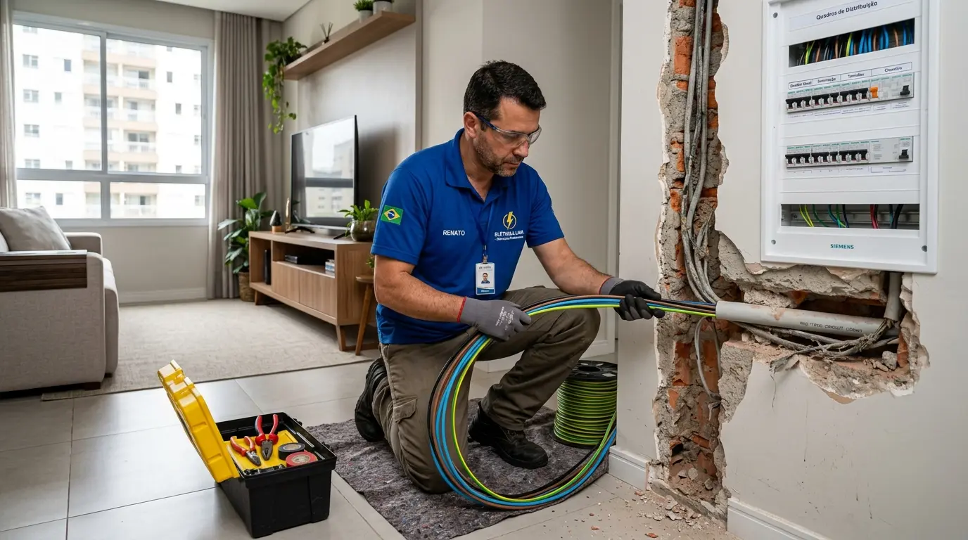 Eletricista realizando reforma elétrica em apartamento em Florianópolis — substituição de fiação e quadro