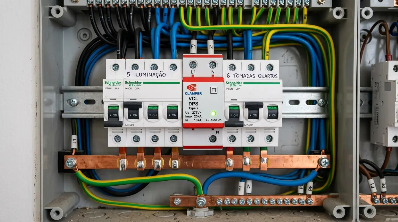 DPS dispositivo de proteção contra surtos instalado em quadro elétrico residencial em Florianópolis junto ao SPDA